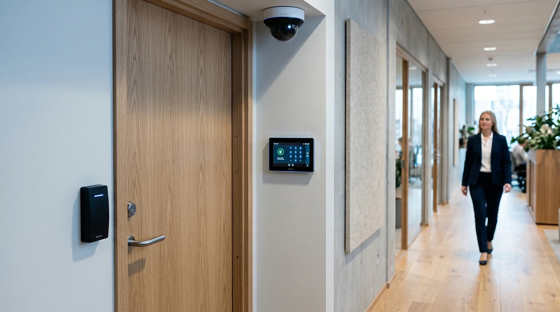 Modern kontorskorridor med säkerhetskamera, kodlås och kvinna i kostym.